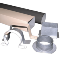 Two down pipes one square and one round. Several accessories including downpipe & gutter brackets and a pop.